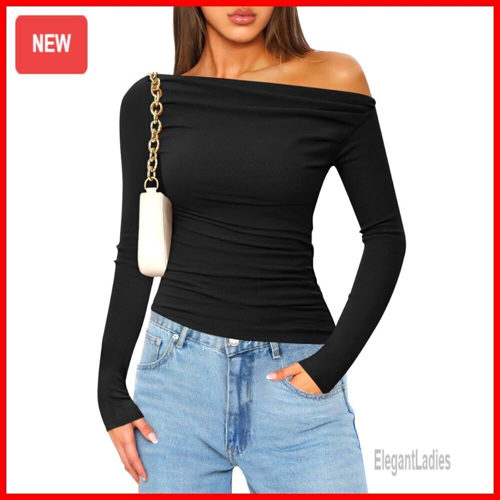 Off Shoulder Long Sleeve Ruched Slim Fit Blouse Y2K Casual T-Shirt